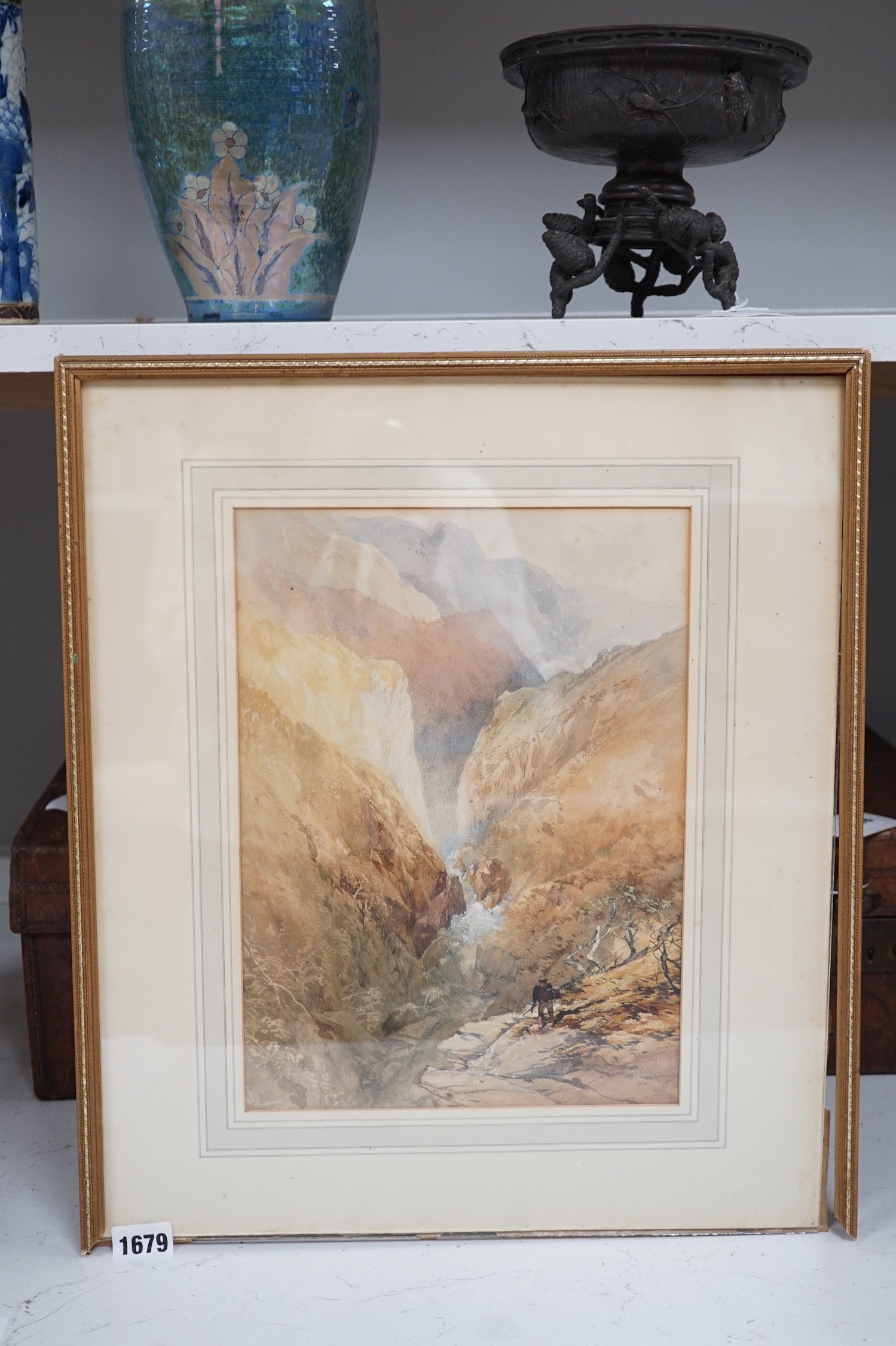 19th century English School, watercolour, Angler in a mountain gorge, 30 x 22cm